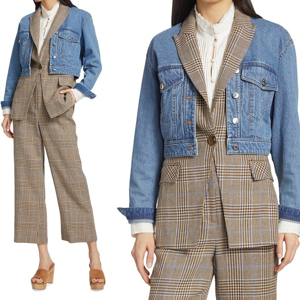 NWT Veronica Beard Keaton Combo Dickey Jacket Cropped Denim Checkered Vest Sz XS